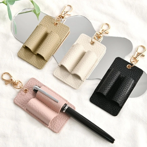 Portable PU Leather Pen Holder Keychain Litchi Pattern Double Slot Office Pen Sleeve Bag Charm Pendant For Women Men