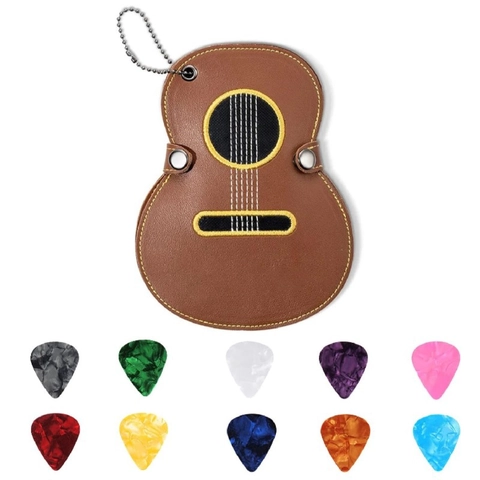 Custodia per Plettri per Chitarra in Pelle PU Ricamata a Forma di Chitarra Borsa per Plettri Portatile Con Portachiavi Accessori Strumenti Musicali