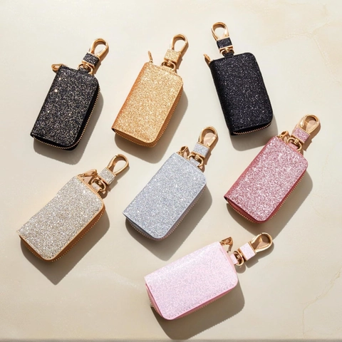 Glitter Leather Car Key Case With Metal Hook Shiny Sparkle Universal Auto Key Holder Zipper Organizer Pouch For Men Women
