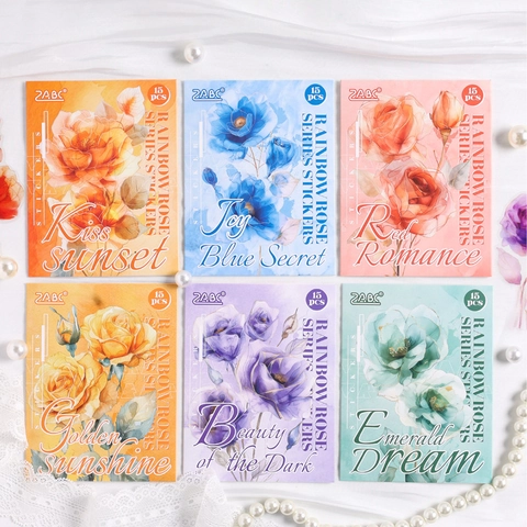 Rainbow Rose Series Vintage PET Stickers For Journaling Scrapbooking Watercolor Flower Decorative Aesthetic DIY Material Stationery
