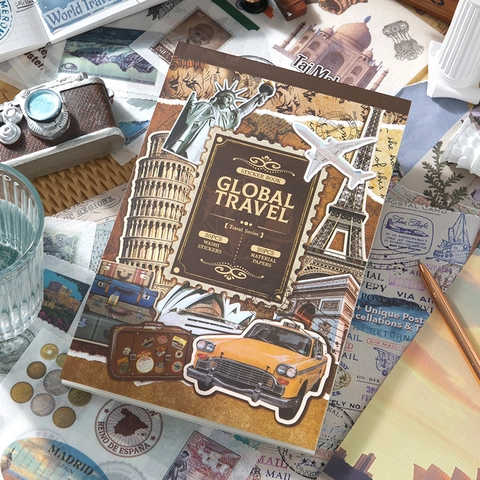 Vintage Travel Scrapbooking Material Book 50 Sheets World Landmarks Washi Stickers Retro Map DIY Journaling Stationery Deco