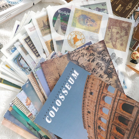 Vintage Travel Scrapbooking Material Book 50 Sheets World Landmarks Washi Stickers Retro Map DIY Journaling Stationery Deco
