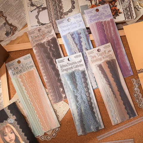 Vintage Lace Floral PET Stickers Aesthetic Transparent Border Decorative Material For Journal Scrapbooking DIY Stationery