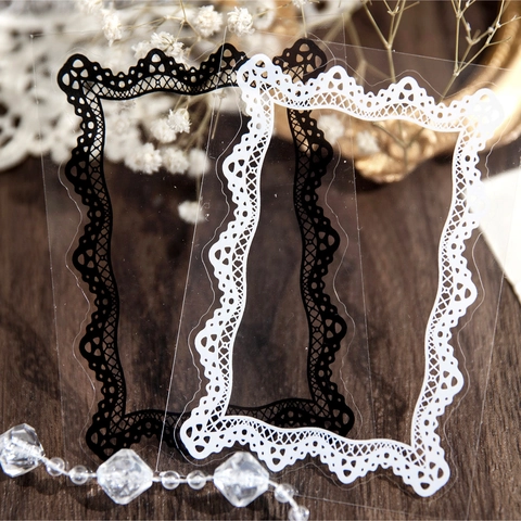 Vintage Spitzenmuster Transparente PET Aufkleber 20 Blatt Für Scrapbooking DIY Journaling Basteln Dekore Schwarz Weiß Spitzenkanten