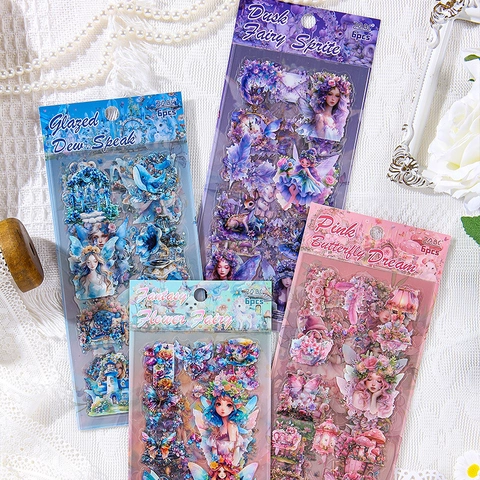 Vintage PET Stickers Star Whisper Flower Dream Fairy Butterfly Die-cut Waterproof Scrapbooking Decals 6 Sheets DIY Decor