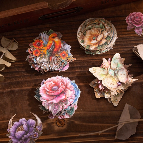 Autocollants Décoratifs pour Scrapbooking Série Vintage Jewel Box pour Journal DIY Carton Rigide Fleurs Papillon Décor Art