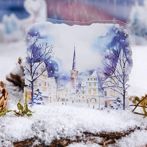 Winter Scenery PET Stickers Waterproof Watercolor Hand Painted Snow Landscape Decals For Journaling Scrapbooking DIY Planner