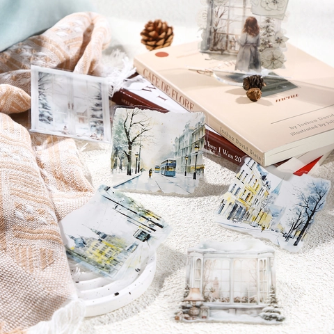 Winter Scenery PET Stickers Waterproof Watercolor Hand Painted Snow Landscape Decals For Journaling Scrapbooking DIY Planner