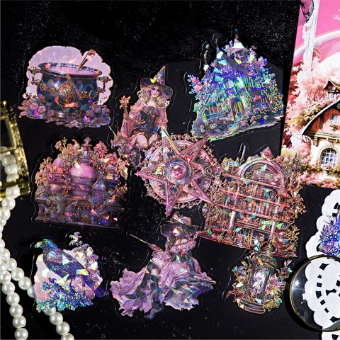 Gothic Dark Fantasy PET Sticker Pack Vintage Laser Gold Shell Light Witch Fairy Dragon Moon Goddess Scrapbooking Decor Stickers