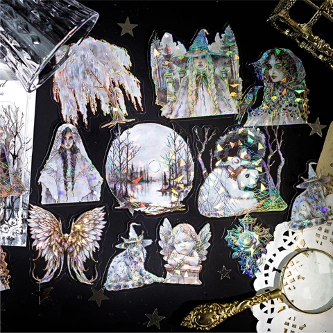 Gothic Dark Fantasy PET Sticker Pack Vintage Laser Gold Shell Light Witch Fairy Dragon Moon Goddess Scrapbooking Decor Stickers