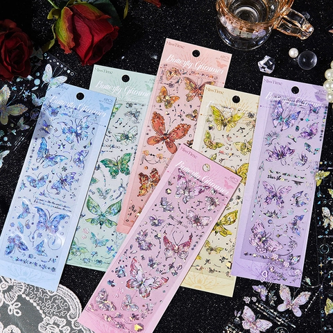 MissTime Butterfly Glimmer Serie PET Stickers Vintage Bronzen Holografisch Vlinder Stickers Voor Dagboek Scrapbooking DIY Decoratie