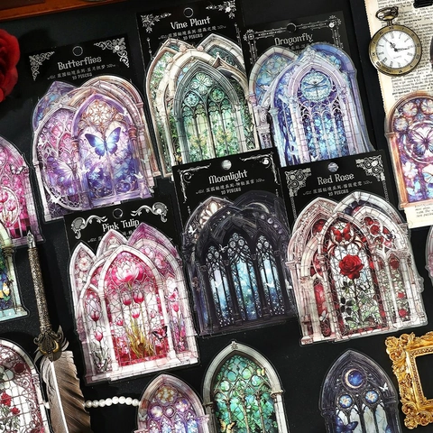 Paquete de Pegatinas de PET de Vidriera Gótica Pegatinas Decorativas de Catedral Mariposa Flor Vintage para Materiales de Bricolaje