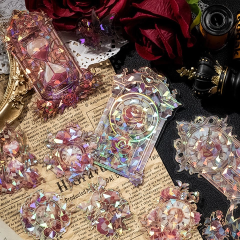 Vintage Rose Und Uhr PET Aufkleber Holografischer Laser Muschelglanz Scrapbooking Material Für Journaling DIY Dekoration
