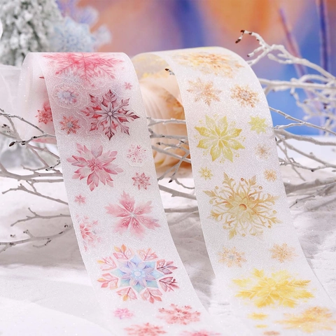 Glitter PET Snowflake Decorative Tape For Scrapbooking DIY Craft Winter Theme Snow Falls Silent Printed Masking Tape Stationery