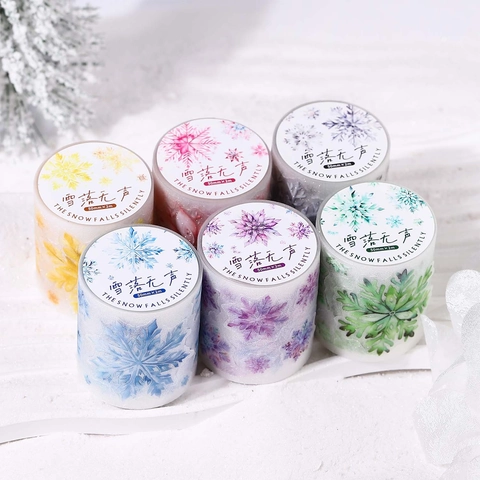 Glitter PET Snowflake Decorative Tape For Scrapbooking DIY Craft Winter Theme Snow Falls Silent Printed Masking Tape Stationery
