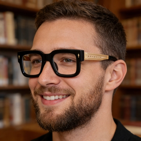 Vintage Square Eyeglasses Frame For Men Clear Lens Optical Glasses With Engraved Metal Temples Retro Style Accessory