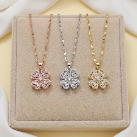 Mode Edelstahl Zirkon Rotierende Vierblättriges Kleeblatt Herz Anhänger Halskette Für Damen Gold Silber Roségold Schmuck
