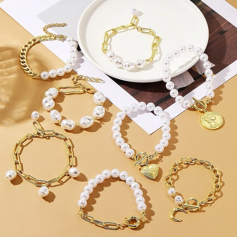 Baroque Retro Irregular Artificial Pearl Bracelet For Women Gold Plated Alloy Multi Layer Chain With Coin Heart Moon Pendant Jewelry Gift