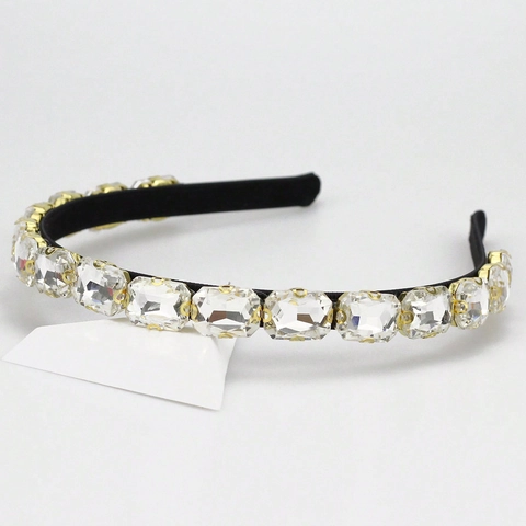 Diadema de Strass Lujosa Vintage de Aleación de Zinc Gran Cristal Cuadrado Hecha a Mano Forrada de Tela para Mujer Joyería de Fiesta