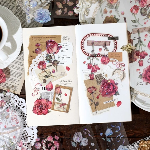 Nastro Decorativo in PET Rosa Vintage Francese Adesivi Finitura Luce di Conchiglia 3 Fogli Set Nastro Floreale DIY