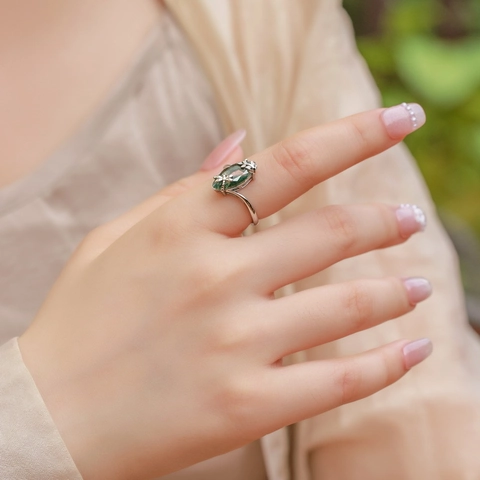 Natural Green Moss Agate 925 Sterling Silver Ring Vintage Marquise Cut Gemstone Ring With Dragonfly Leaf Branch Design Jewelry For Women