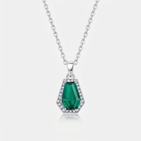 Collana in Argento Sterling 925 con Smeraldo Creato in Laboratorio Ciondolo Esagonale Gemma Verde Zirconia Gioielli Donna