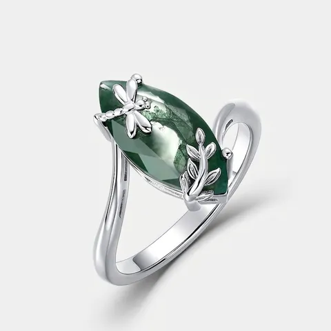 Natural Green Moss Agate 925 Sterling Silver Ring Vintage Marquise Cut Gemstone Ring With Dragonfly Leaf Branch Design Jewelry For Women