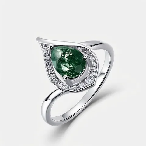 Anillo de Plata de Ley 925 con Ágata Musgosa en Forma de Pera para Mujer Anillo de Banda de Piedra Preciosa Verde Vintage Regalo de Joyería Natural