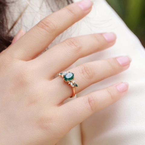 Vintage S925 Sterlingsilber Natur Moosachat Offener Ring Für Damen Verstellbarer Geometrischer Strass Opal Eingelegter Fingerschmuck