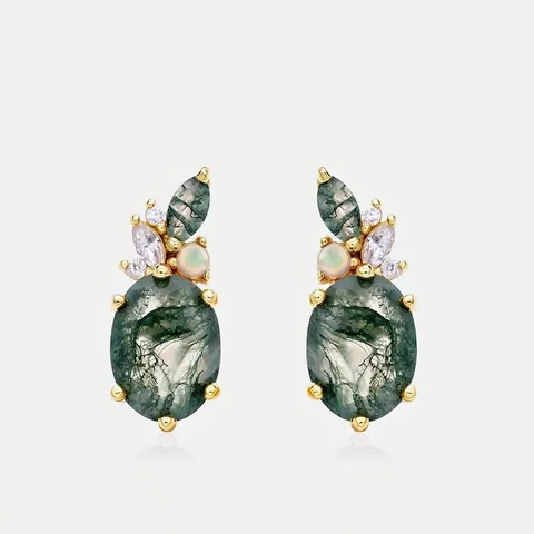 Vintage 925 Sterling Silver Gold Plated Moss Agate Stud Earrings For Women With Opal Rhinestone Forest Style Jewelry Gift
