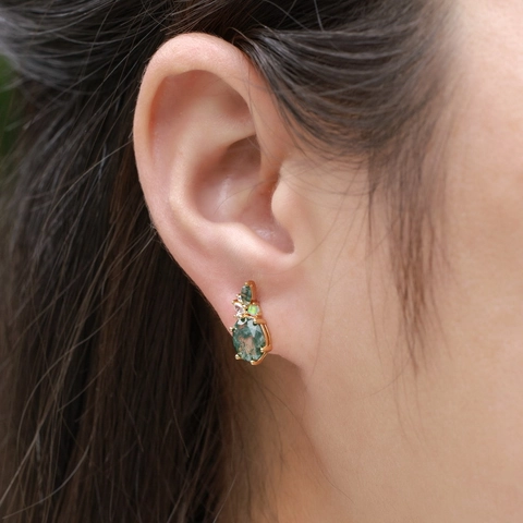 Vintage 925 Sterling Silver Gold Plated Moss Agate Stud Earrings For Women With Opal Rhinestone Forest Style Jewelry Gift