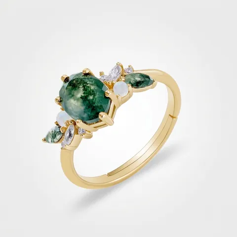 Vintage S925 Sterlingsilber Natur Moosachat Offener Ring Für Damen Verstellbarer Geometrischer Strass Opal Eingelegter Fingerschmuck