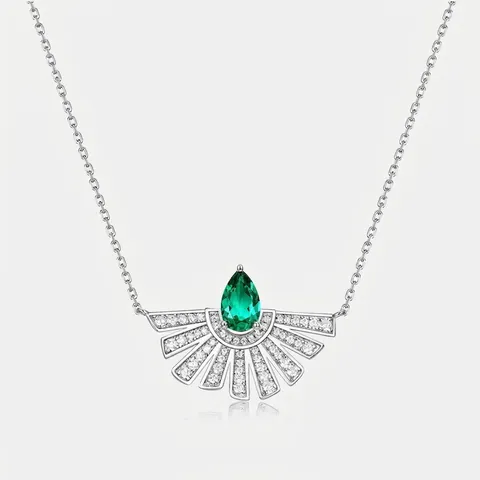 Collana in Argento Sterling S925 Con Smeraldo Creato in Laboratorio Per Donna Ciondolo a Ventaglio a Goccia d'Acqua Placcato Oro
