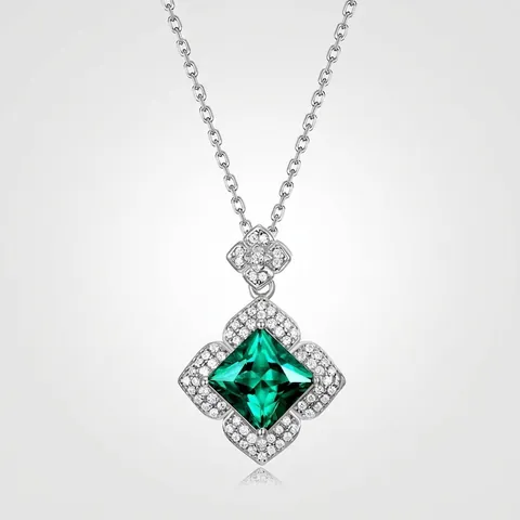 925 Sterlingsilber Labor-Smaragd Anhänger Halskette Für Damen Quadratisch Geometrisch Zirkonia Eingelegt Luxus Schmuck