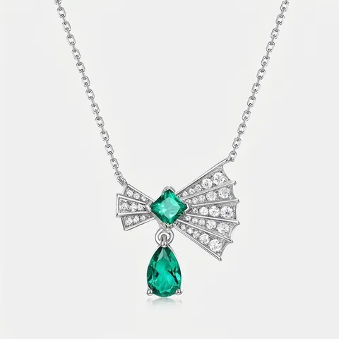 Collana in Argento Sterling 925 con Smeraldo Creato in Laboratorio per Donna Ciondolo a Ventaglio con Fiocco Intarsio in Zirconia Gioielli Moda