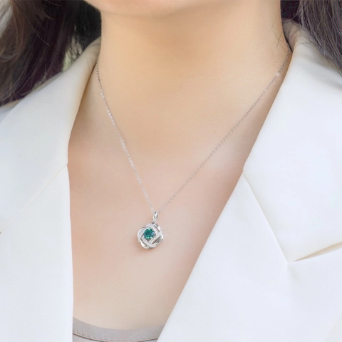 Lussuosa Collana in Argento Sterling 925 Con Smeraldo Creato in Laboratorio per Donna Ciondolo Gemma Verde Taglio Rotondo Gioielli