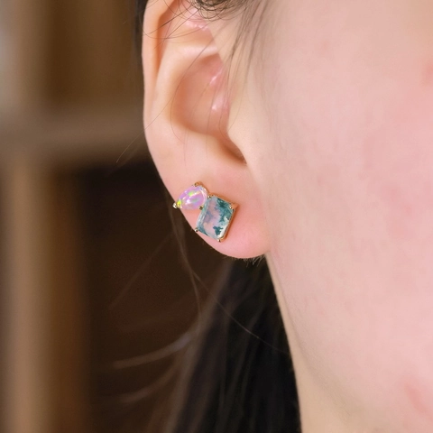 Minimalist S925 Sterling Silver Geometric Stud Earrings Inlaid With Natural Green Moss Agate And Waterdrop Opal Niche Jewelry