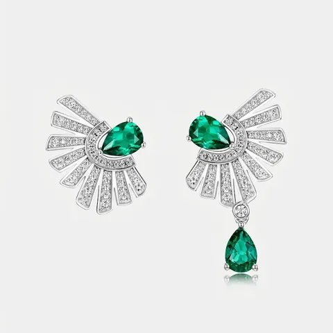 Vintage S925 Sterling Silver Asymmetric Fan Earrings With Pear Cut Lab-grown Emerald And Cubic Zirconia Green Gemstone Stud Drop Earrings For Women Jewelry