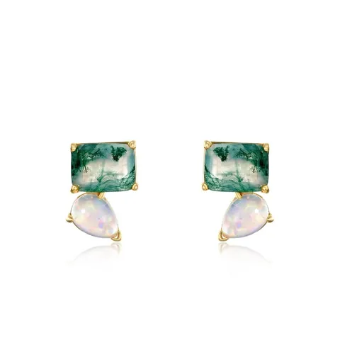 Minimalist S925 Sterling Silver Geometric Stud Earrings Inlaid With Natural Green Moss Agate And Waterdrop Opal Niche Jewelry