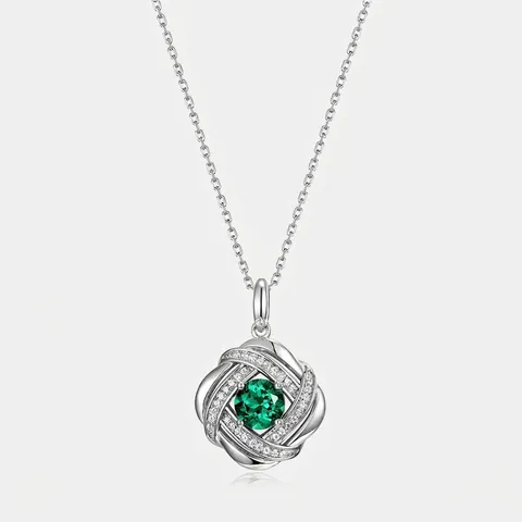 Lussuosa Collana in Argento Sterling 925 Con Smeraldo Creato in Laboratorio per Donna Ciondolo Gemma Verde Taglio Rotondo Gioielli
