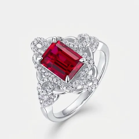 Vintage 925 Sterling Zilver Gecultiveerde Robijn Geometrische Ring Voor Vrouwen Opengewerkt Ontwerp Luxe Strass Cocktail Vingerring Sieraden