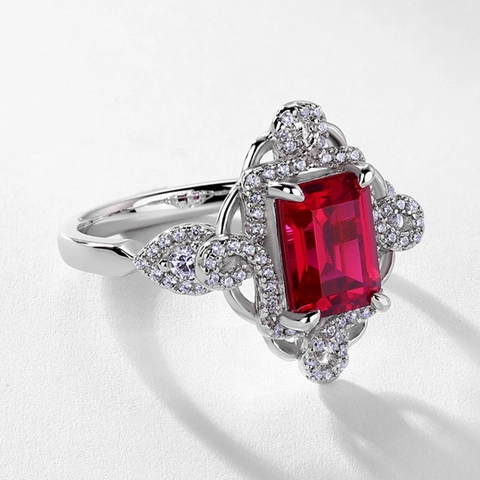 Vintage 925 Sterling Zilver Gecultiveerde Robijn Geometrische Ring Voor Vrouwen Opengewerkt Ontwerp Luxe Strass Cocktail Vingerring Sieraden