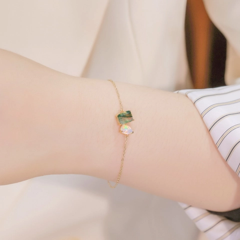 Bracciale Minimalista Geometrico in Agata Muschiata Naturale e Opale per Donna in Argento Sterling S925 Placcato Oro Vero Gioielli Regolabili