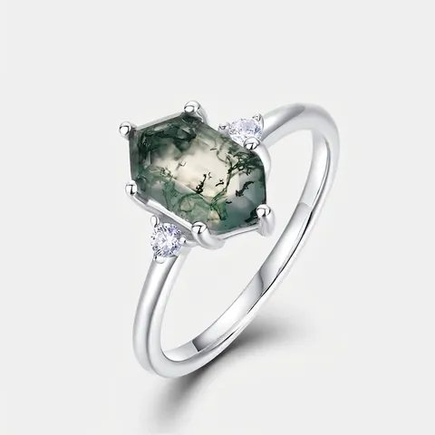 S925 Sterling Zilveren Natuurlijke Mosagaat Ring Zeskant Geslepen Groene Edelsteen Geometrische Ring Voor Dames