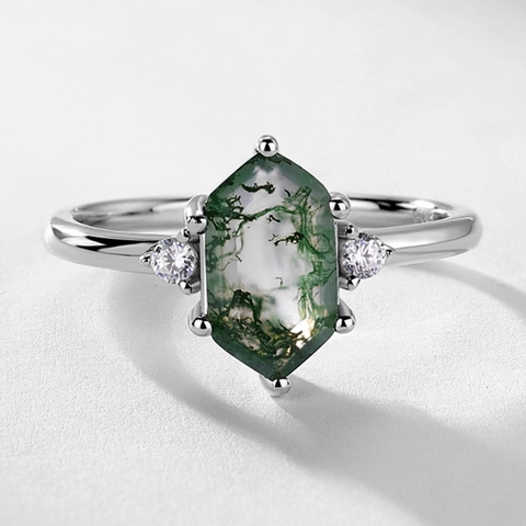 S925 Sterling Zilveren Natuurlijke Mosagaat Ring Zeskant Geslepen Groene Edelsteen Geometrische Ring Voor Dames