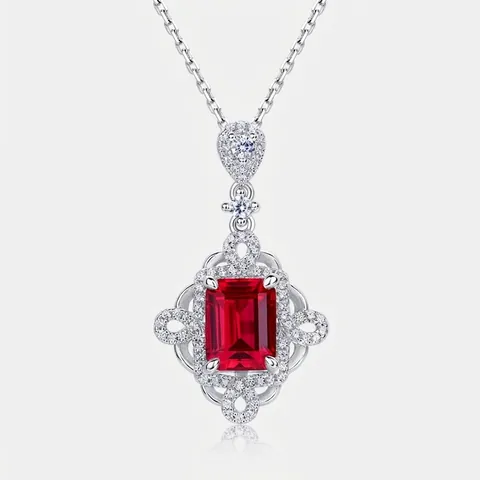 Collier Pendentif Rubis Créé Taille Émeraude Argent Sterling 925 Vintage Halo Bijoux De Luxe Élégants Pour Femmes