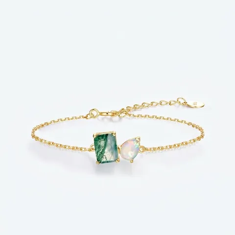 Bracciale Minimalista Geometrico in Agata Muschiata Naturale e Opale per Donna in Argento Sterling S925 Placcato Oro Vero Gioielli Regolabili