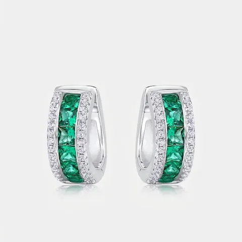 Boucles d'Oreilles Créoles en Argent Sterling 925 avec Émeraude de Culture Pendentif Zirconia Carré pour Femme Bijoux Élégants