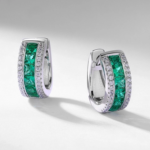 Boucles d'Oreilles Créoles en Argent Sterling 925 avec Émeraude de Culture Pendentif Zirconia Carré pour Femme Bijoux Élégants