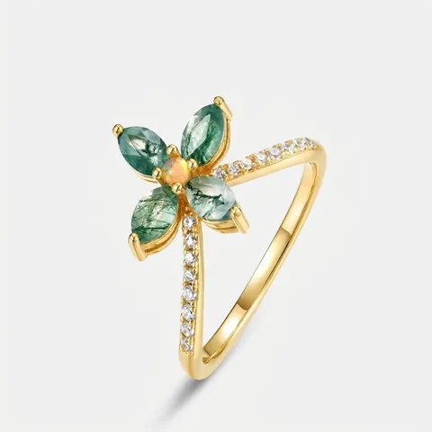 925 Sterling Zilver Mosagaat Klavertje Vier Ring Voor Vrouwen Verguld Opaal Strass Ingelegde Bloemen Vingerring Frisse Sieraden Cadeau